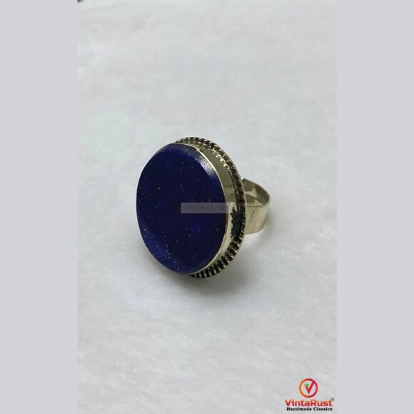 Round Lapis Lazuli Stone Ring: Unisex Gemstone Ring For Gift - Picture 2 of 6